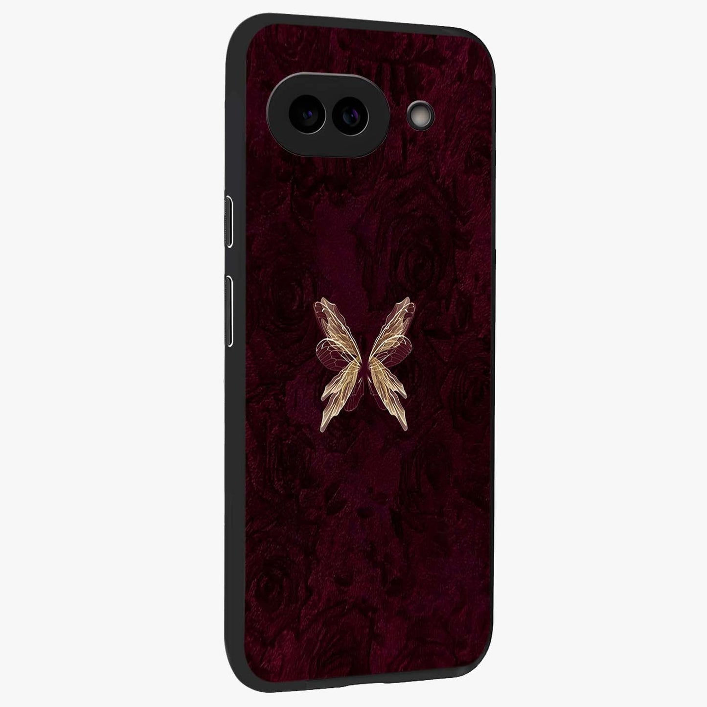 Crimson Fade Butterfly Glass Case upright view showcasing graceful butterfly artwork with soft crimson fade effect.