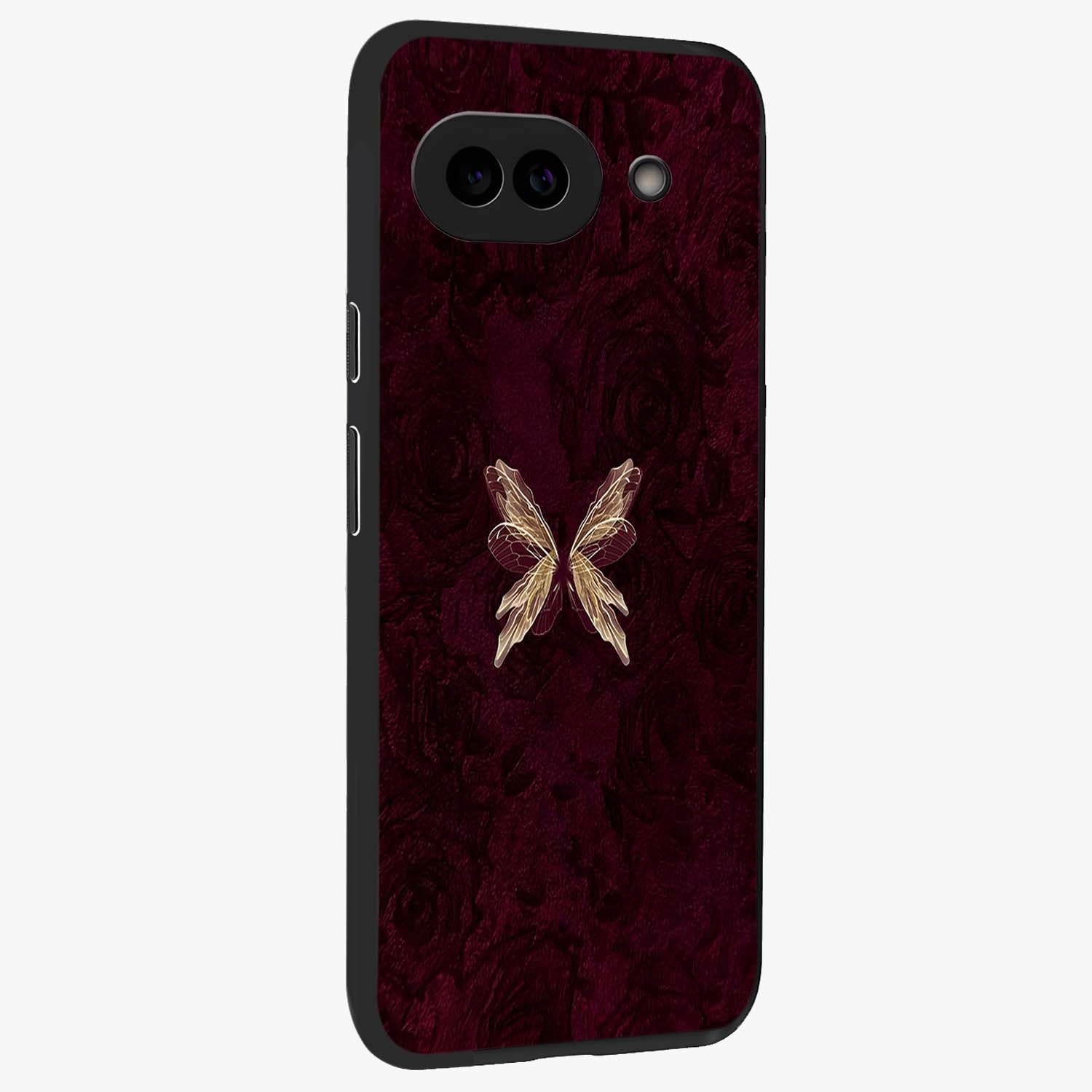 Crimson Fade Butterfly Glass Case upright view showcasing graceful butterfly artwork with soft crimson fade effect.