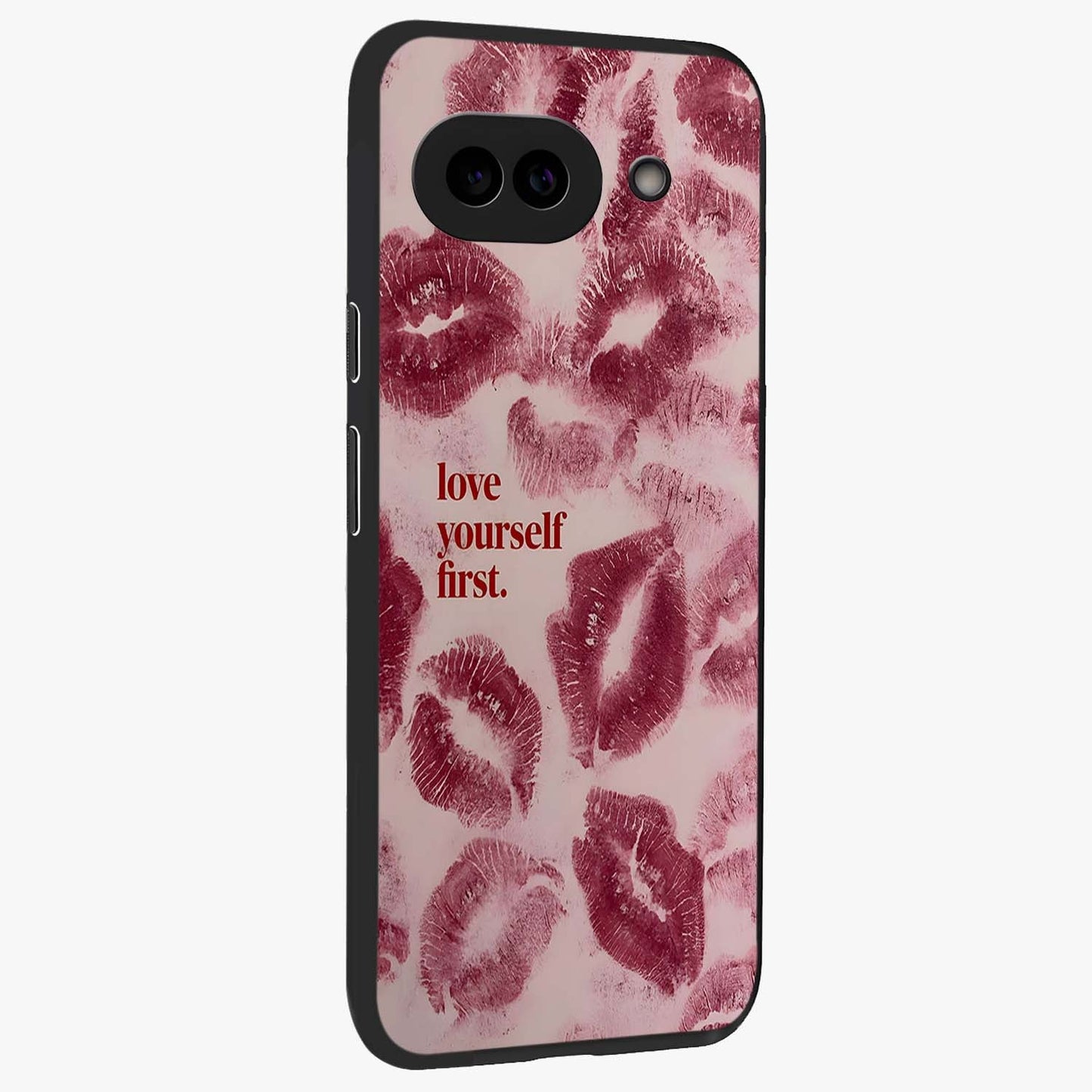 Crimson Kiss Love Glass Case upright view showcasing expressive romantic artwork with deep crimson theme.