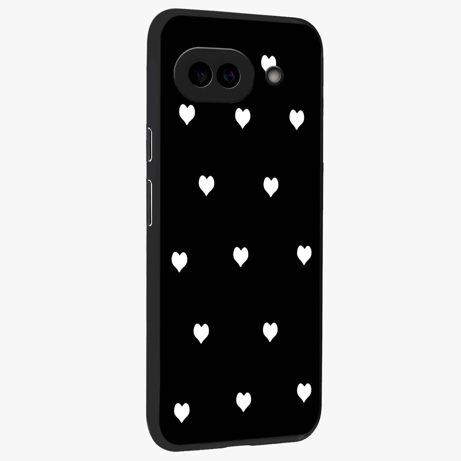 Cute And Simple White Hearts Glass Case upright view showcasing simple white hearts artwork with soft minimal theme.