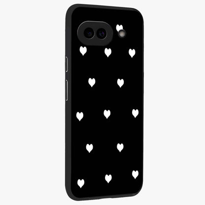Cute And Simple White Hearts Glass Case upright view showcasing simple white hearts artwork with soft minimal theme.