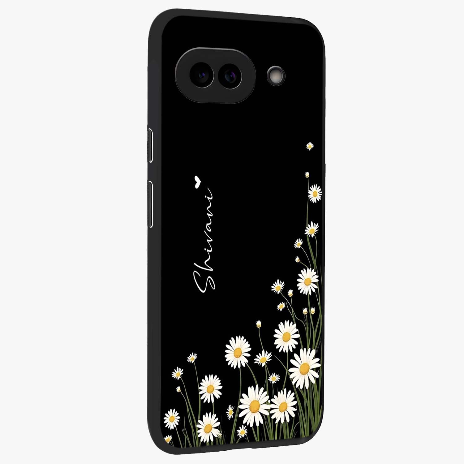 Daisy Cascade Custom Name Glass Case upright view showcasing elegant floral cascade design with personalized aesthetic.