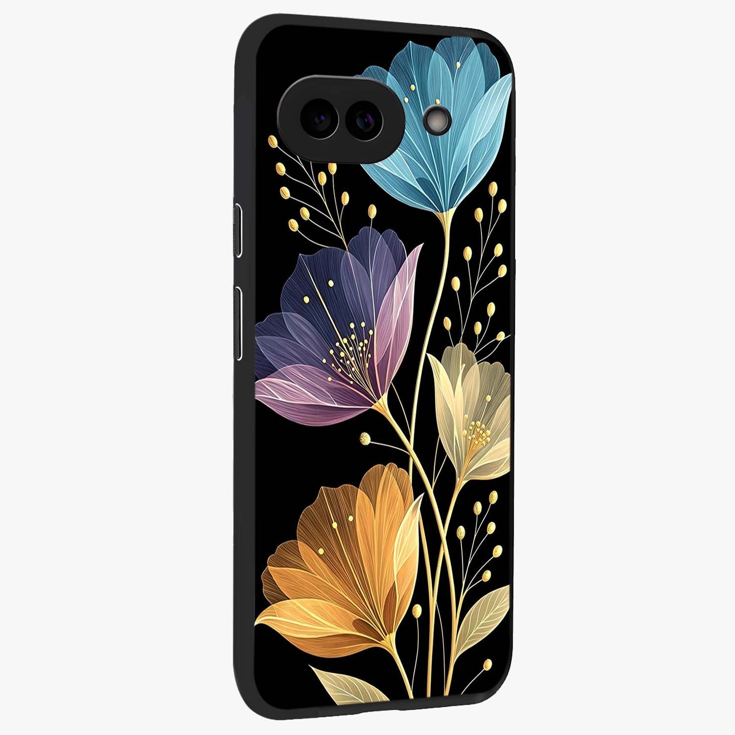 Delicate Multicolor Flowers Glass Case upright view showcasing delicate floral artwork with bright botanical theme.
