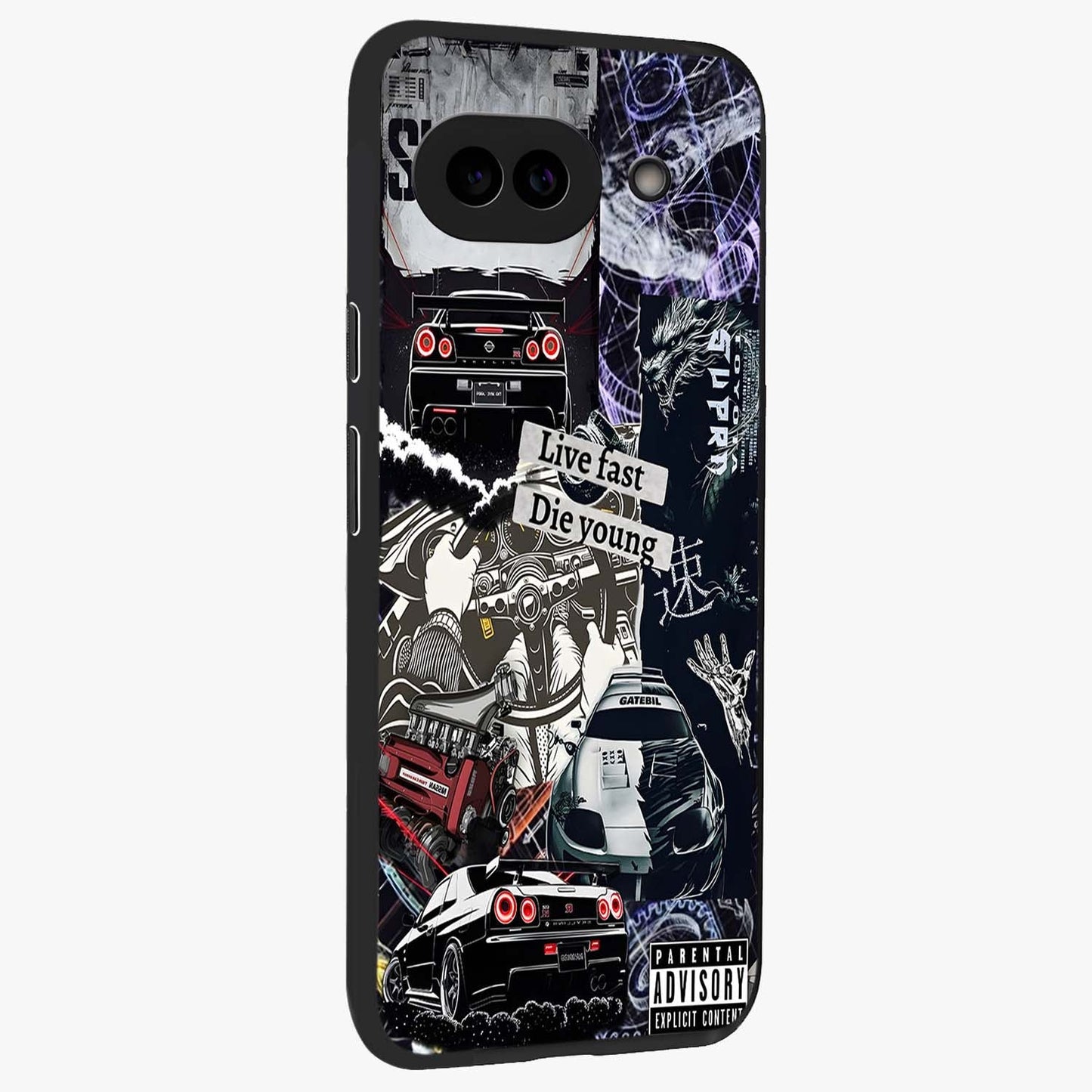 Die Young Glass Case upright view showcasing striking typography artwork with modern statement theme.