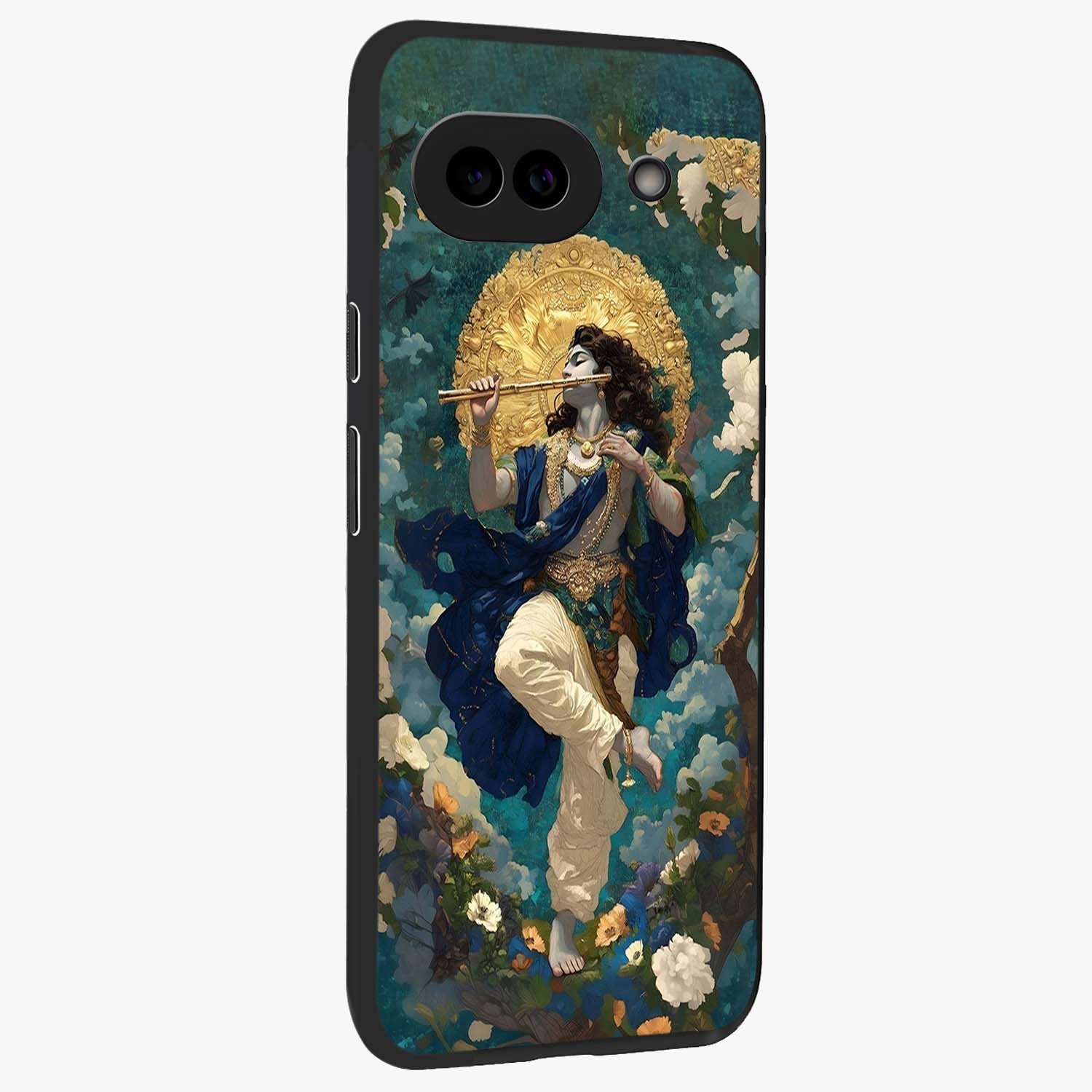 Divine Krishna Art Glass Case upright view showcasing divine Krishna artwork with sacred artistic theme.