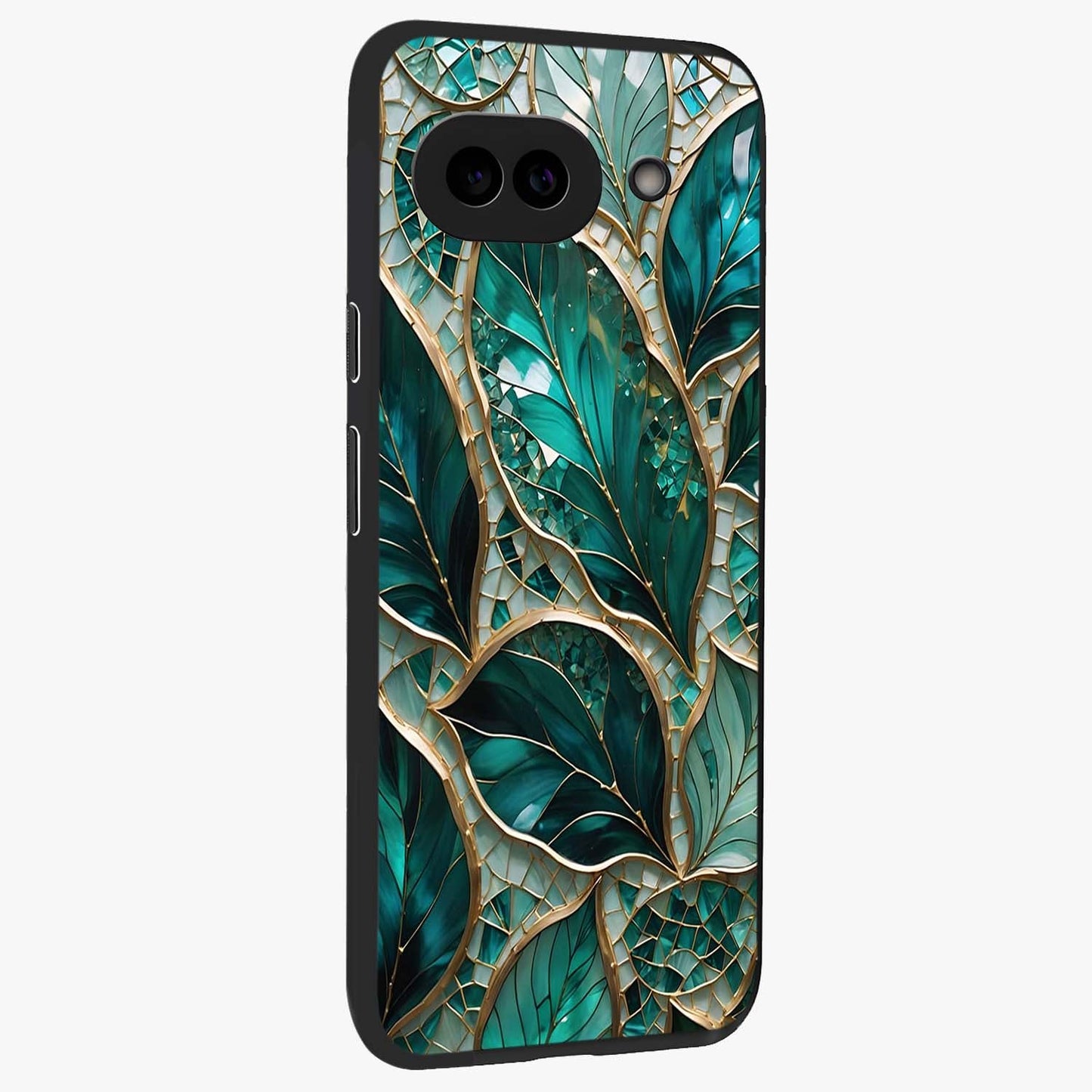 Emerald Leaf Glass Glass Case upright view showcasing fresh green leaf artwork with calming nature inspired style.