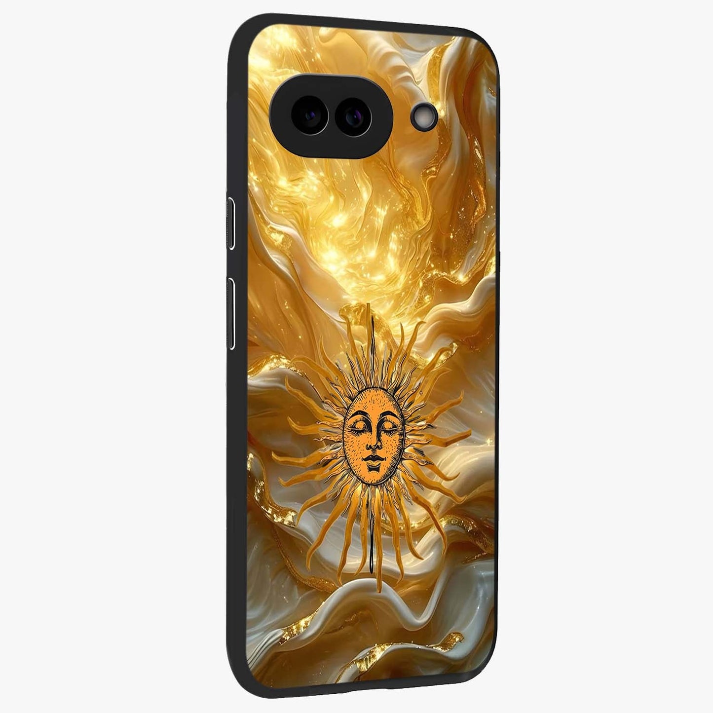 Eternal Golden Glow Glass Case upright view showcasing luminous golden artwork with luxurious visual theme.