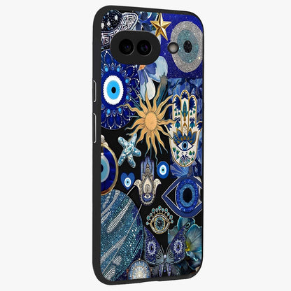 Evil Eye Charm Mix Glass Case upright view showcasing mystical evil eye pattern with vibrant decorative style.