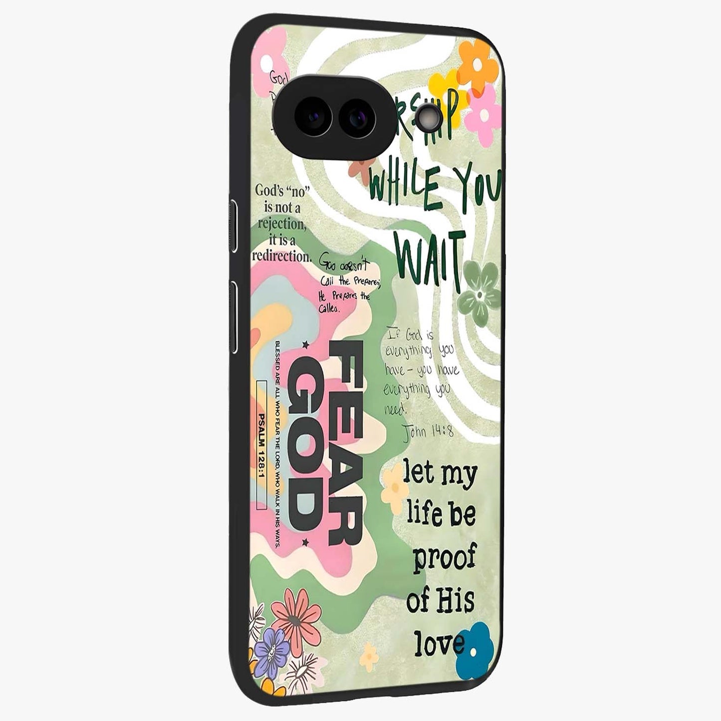 Faith Over Fear Glass Case upright view showcasing bold typography artwork with uplifting motivational theme.