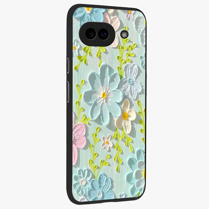 Frosted Petal Garden Glass Case upright view showcasing elegant floral garden artwork with soothing pastel theme.