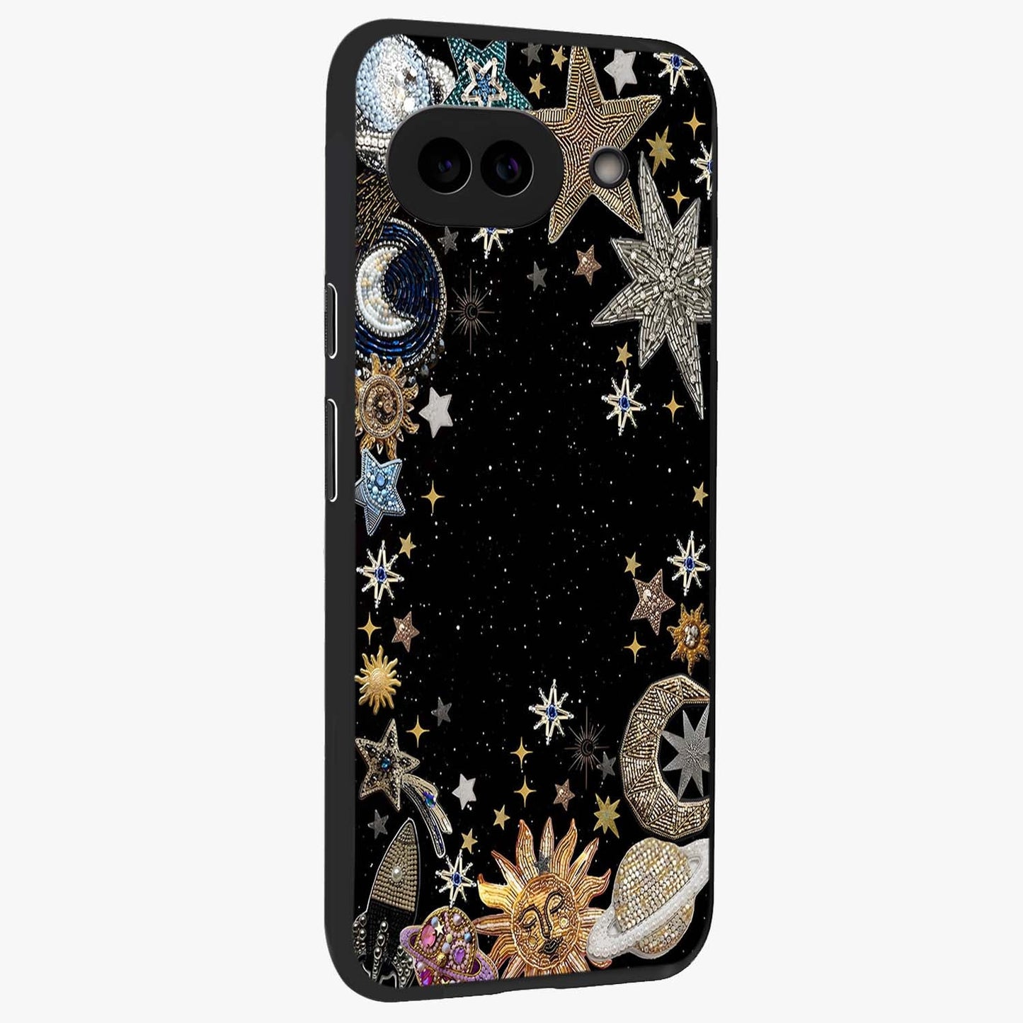 Galactic Jewel Stars Glass Case upright view showcasing glittering star jewel artwork with vibrant galaxy theme.