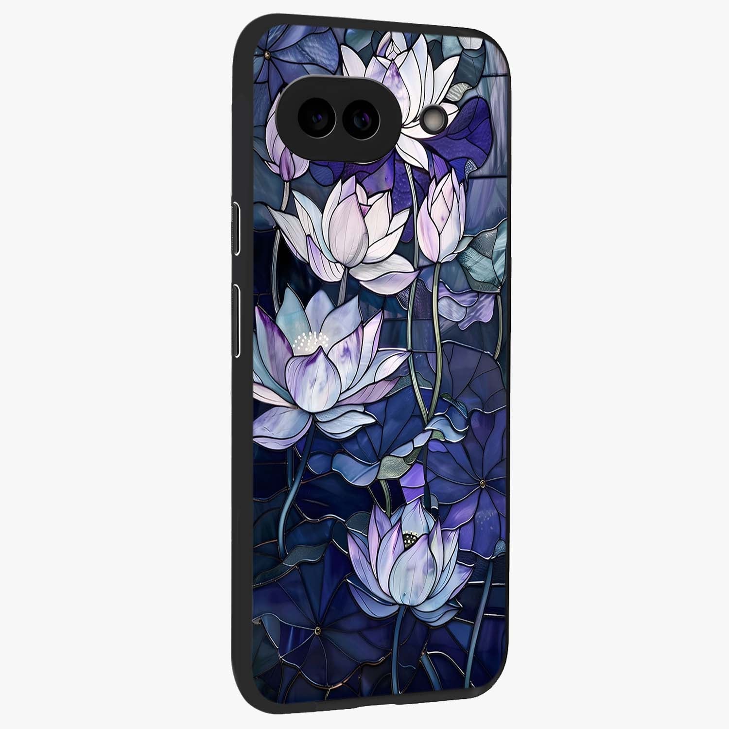 Gloss Petal Rush Glass Case upright view showcasing dynamic floral petal artwork with modern botanical theme.