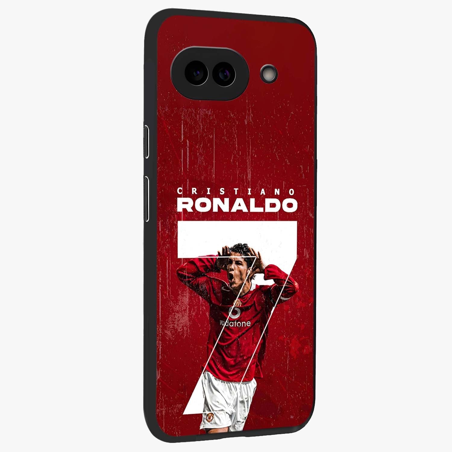 Goal Celebration Legacy Glass Case upright view showcasing dynamic football inspired artwork with victory celebration aesthetic.
