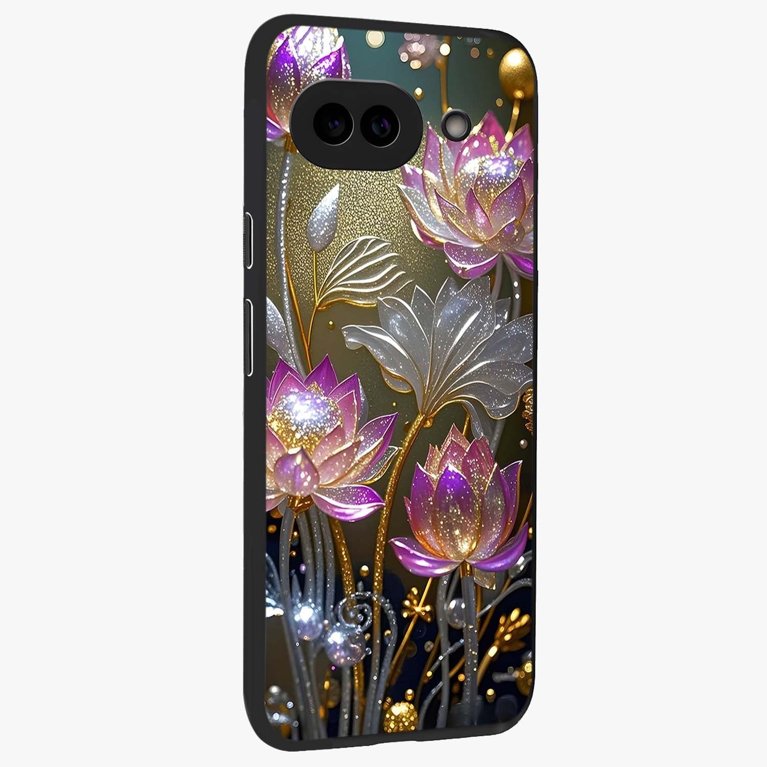 Golden Floral Majesty Glass Case upright view showcasing majestic floral artwork with rich decorative theme.