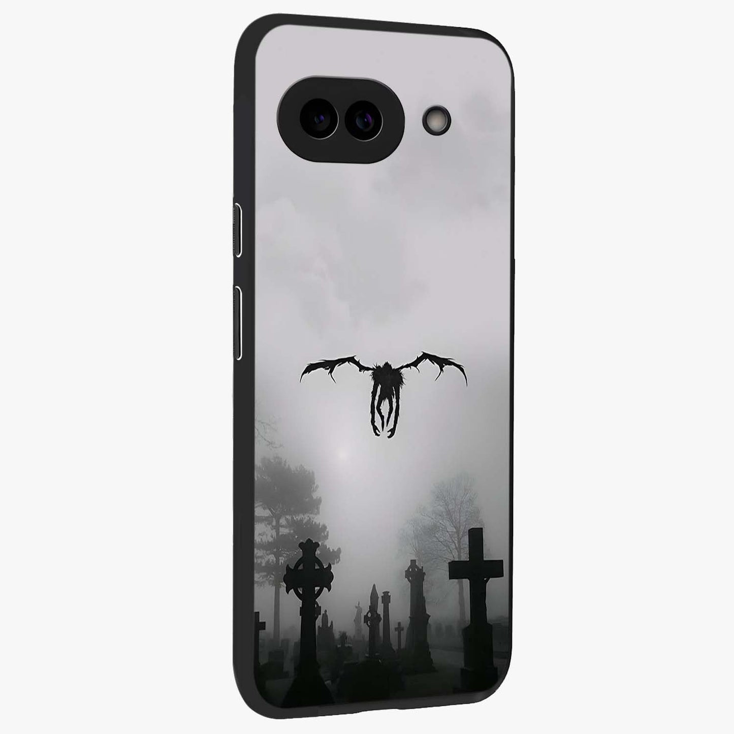 Graveyard Shadow Descent Glass Case upright view showcasing haunting graveyard artwork with dramatic dark theme.