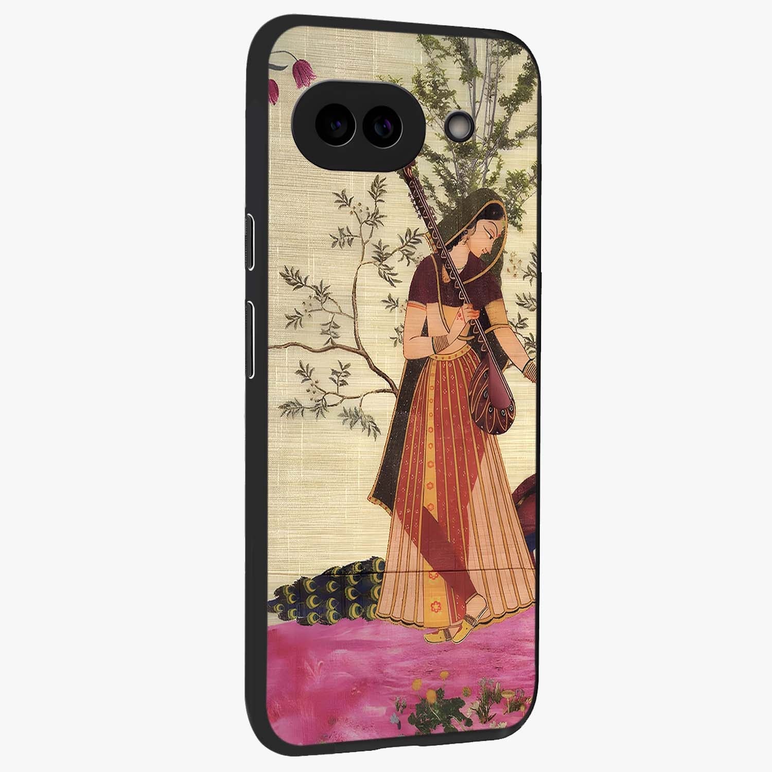 Lady With Veena Art Glass Case upright view showcasing classical veena artwork with traditional artistic theme.