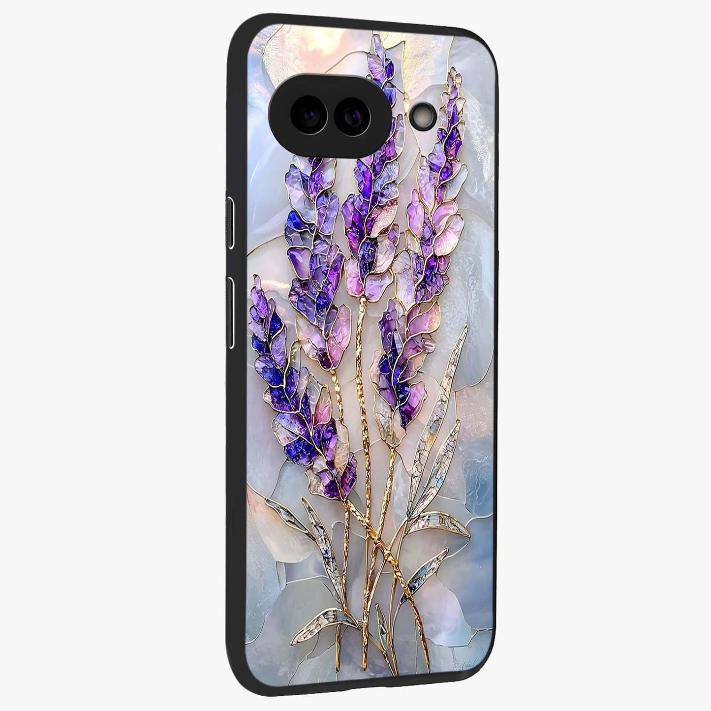 Lavender Dream Glow Glass Case upright view showcasing radiant lavender glow artwork with calming dreamy theme.