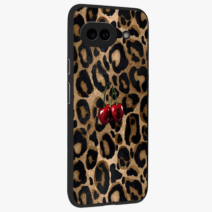 Leopard Wild Cherry Glass Case upright view showcasing stylish leopard pattern artwork with trendy fashion theme.