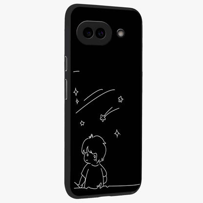 Line Art Boy With Shooting Stars Glass Case upright view showcasing artistic shooting star illustration with minimal style.