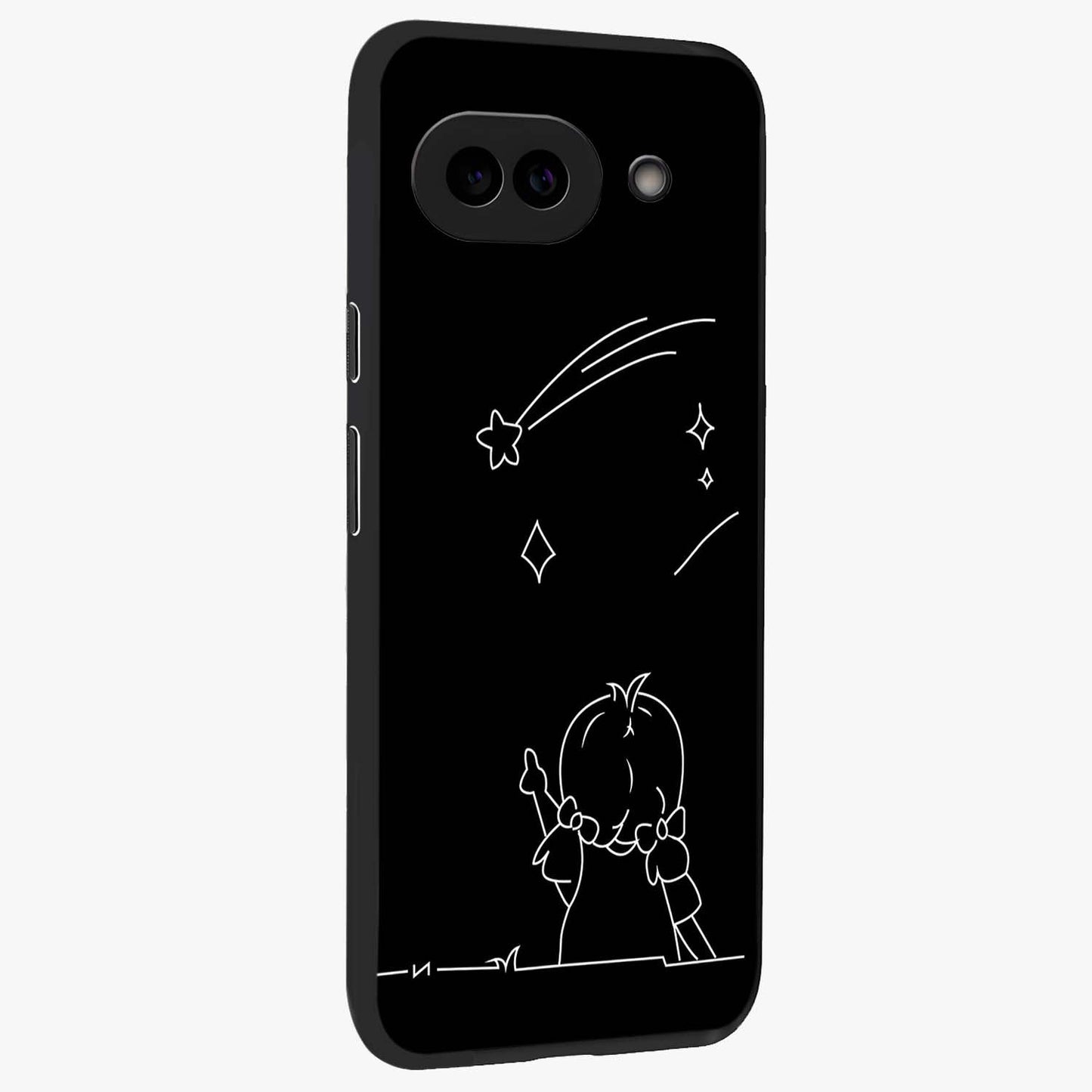 Line Art Girl With Shooting Stars Glass Case upright view showcasing delicate shooting stars artwork with minimal artistic theme.