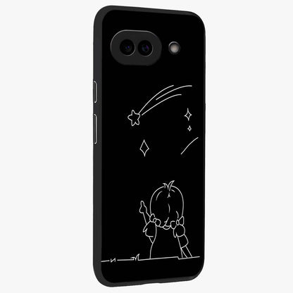 Line Art Girl With Shooting Stars Glass Case upright view showcasing delicate shooting stars artwork with minimal artistic theme.