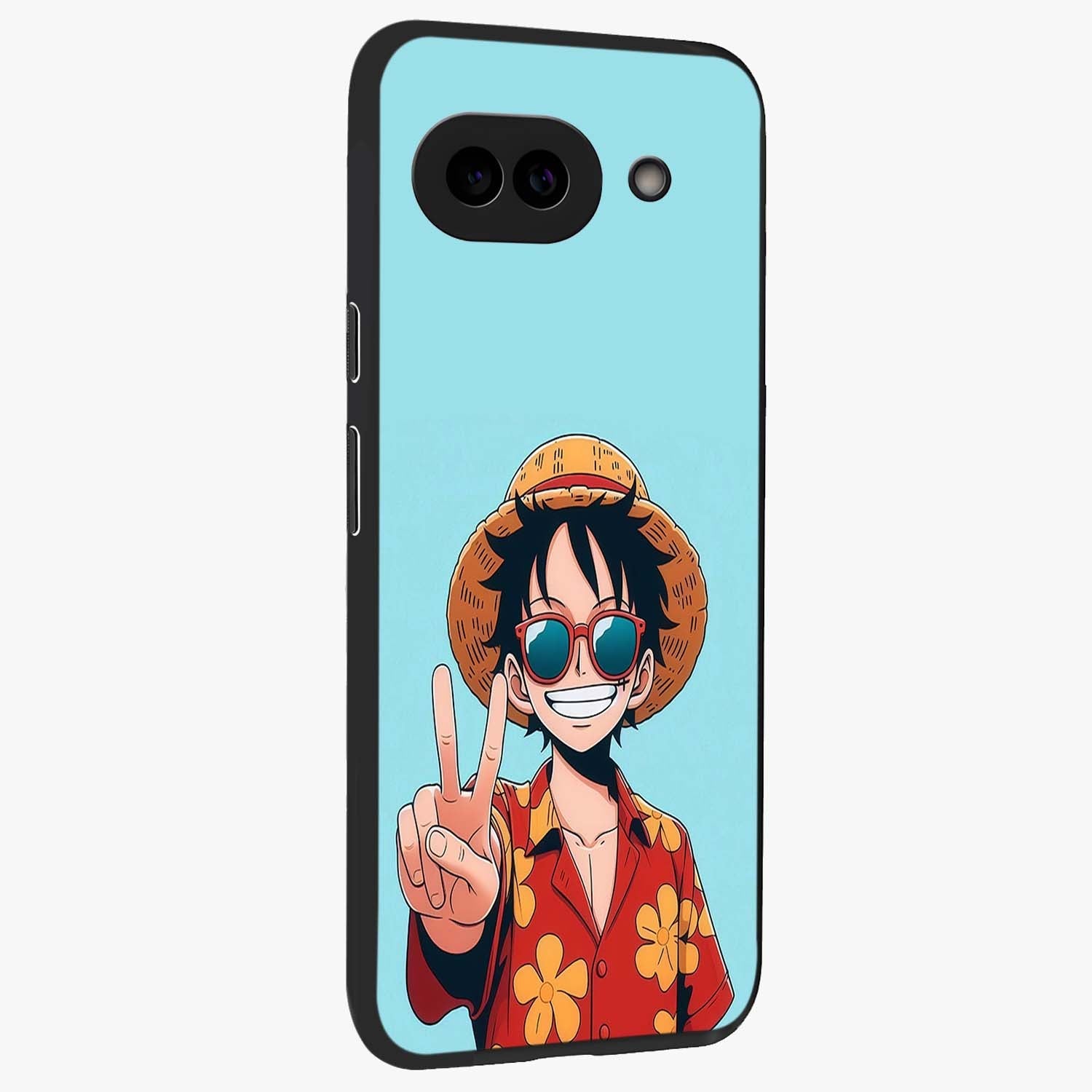 Luffy Summer Anime Vibe Glass Case upright view showcasing dynamic anime artwork with bright adventurous theme.