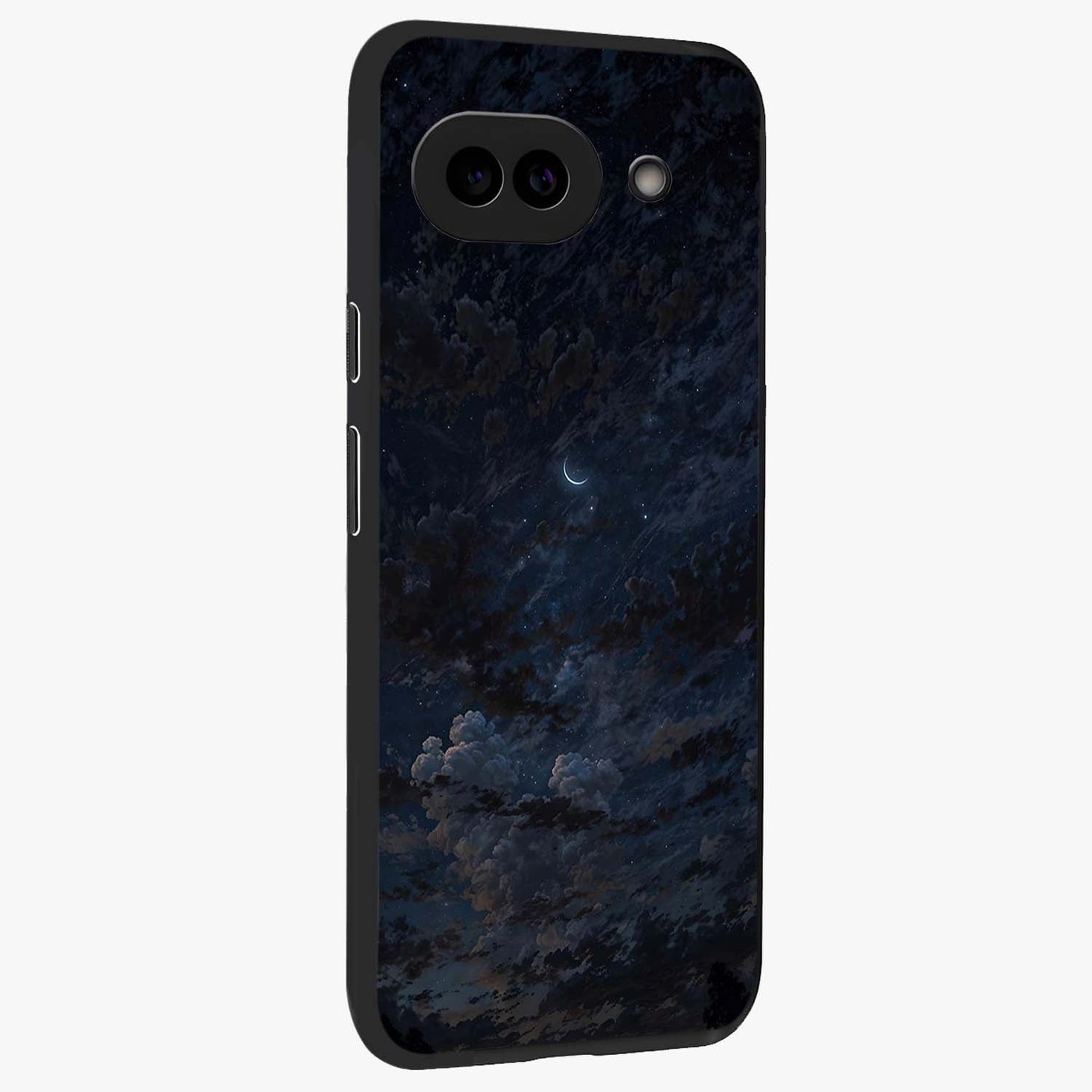 Lunar Veil Silence Glass Case upright view showcasing calm moon themed artwork with serene night atmosphere.