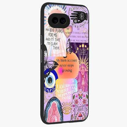 Manifestation Collage Glass Case upright view showcasing artistic manifestation themed artwork with creative style.