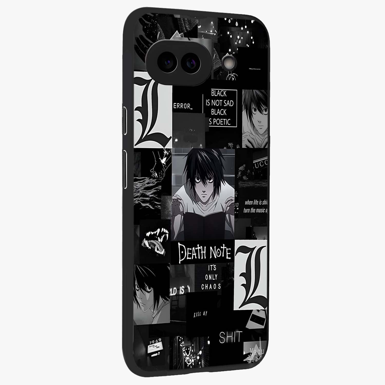 Midnight Chaos Mind Glass Case upright view showcasing expressive abstract artwork with bold dark theme.