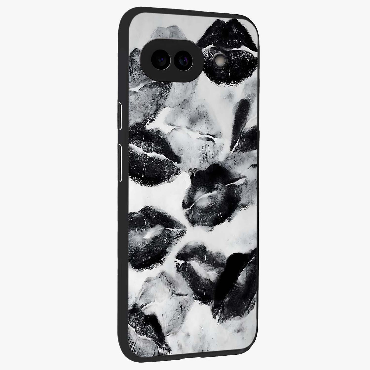 Midnight Kiss Marks Glass Case upright view showcasing stylish kiss mark artwork with trendy romantic theme.