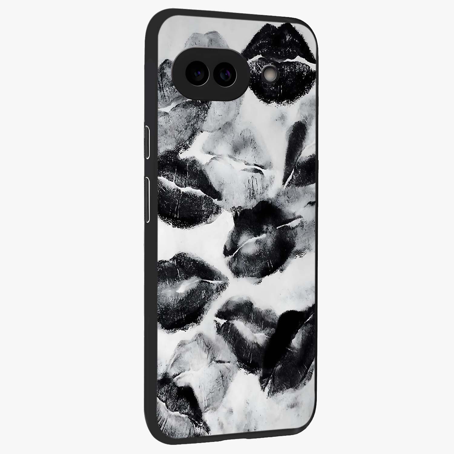 Midnight Kiss Marks Glass Case upright view showcasing stylish kiss mark artwork with trendy romantic theme.