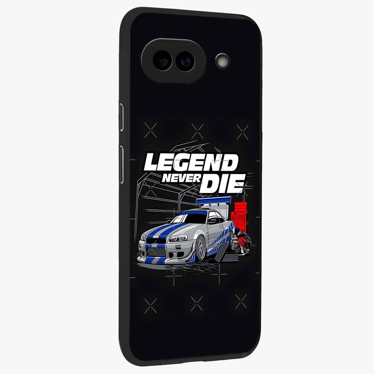 Midnight Racing Legacy Glass Case upright view showcasing powerful racing artwork with modern sports theme.