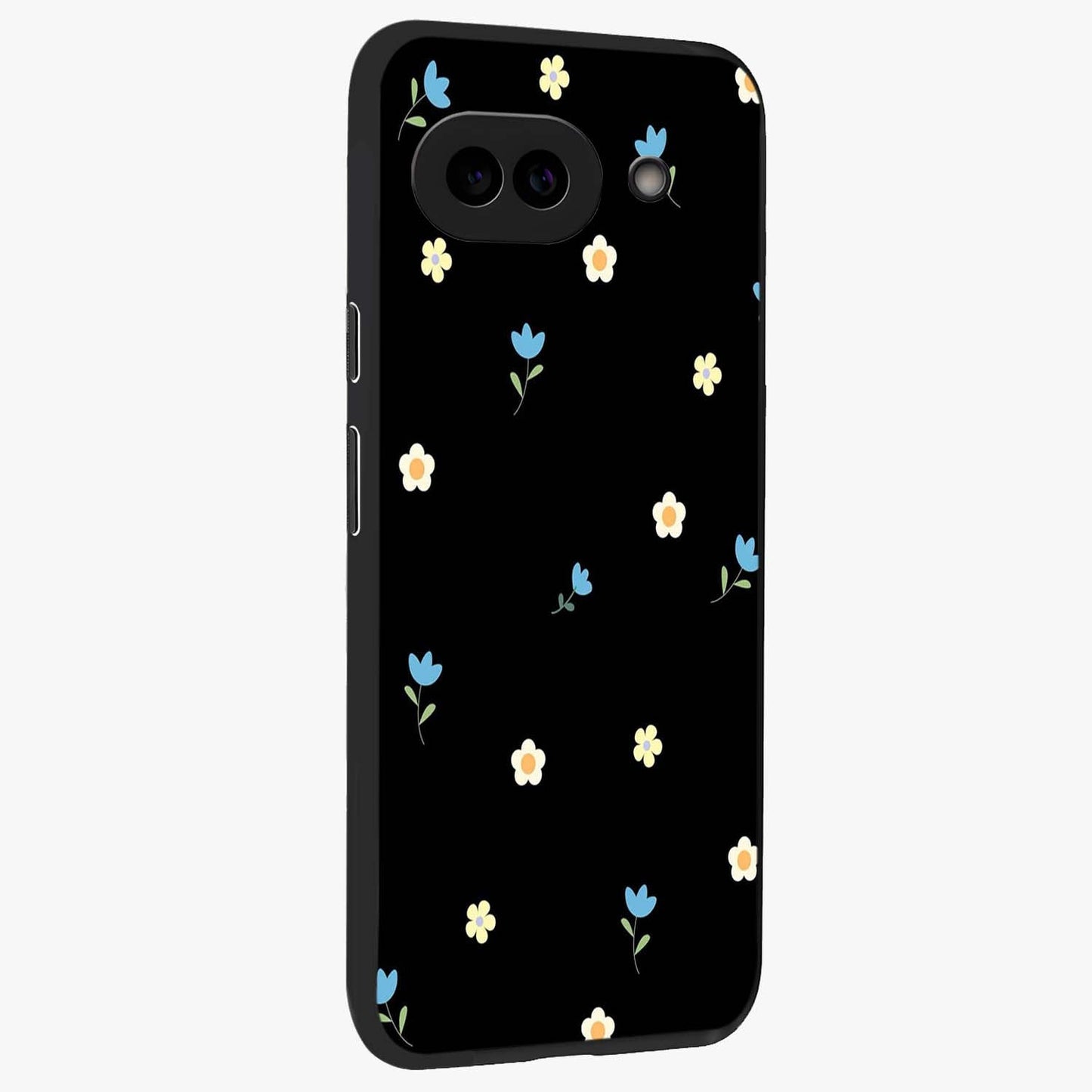 Minimal Petal Whispers Glass Case upright view showcasing elegant floral artwork with modern minimalist style.