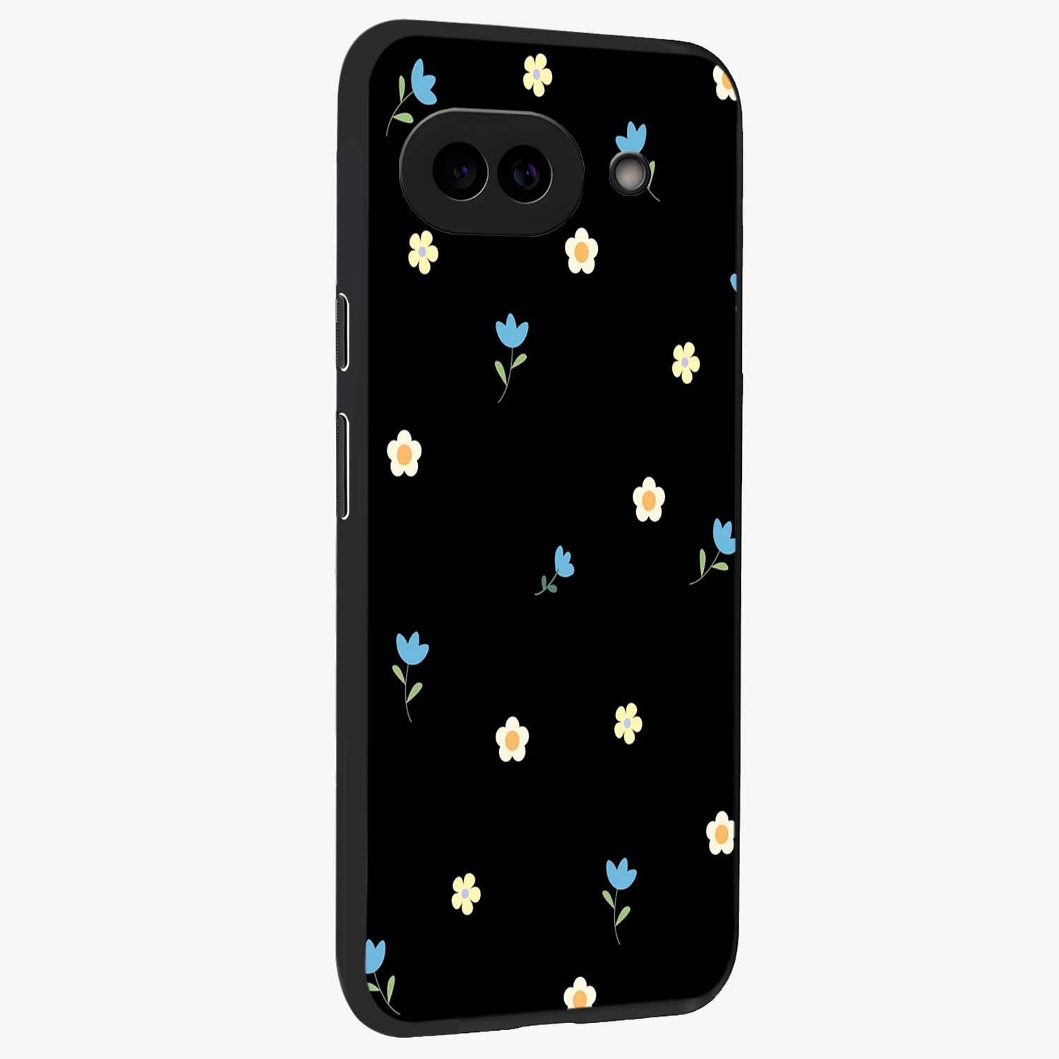Minimal Petal Whispers Glass Case upright view showcasing elegant floral artwork with modern minimalist style.