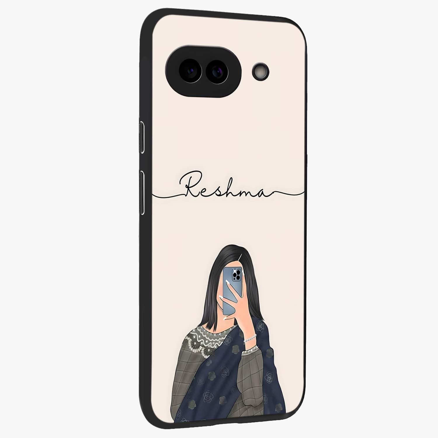 Mirror Mood Muse With Custom Name Glass Case upright view showcasing artistic mirror themed artwork with personalized aesthetic.