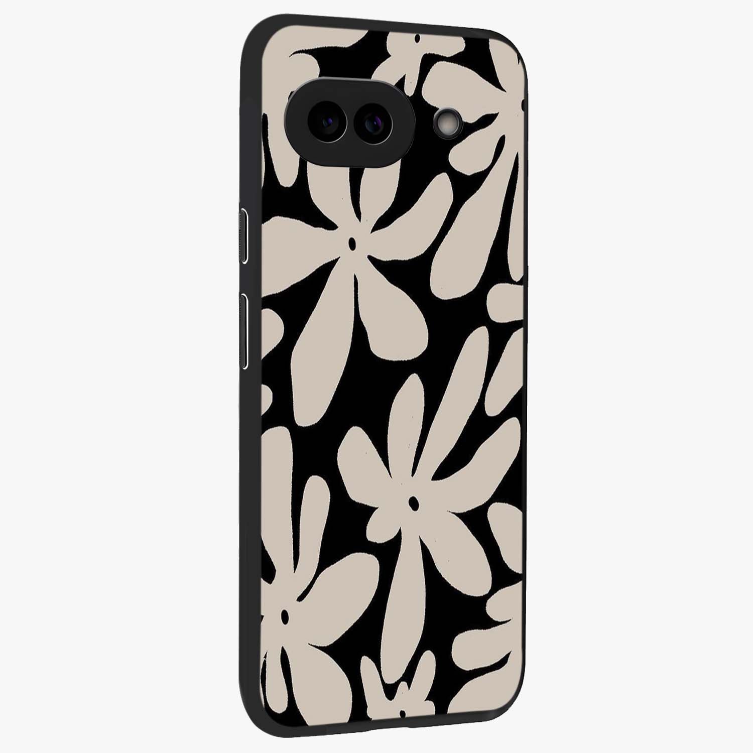 Monochrome Petal Dance Glass Case upright view showcasing artistic floral pattern with stylish monochrome theme.