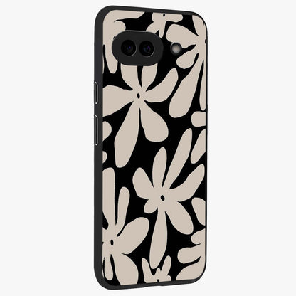 Monochrome Petal Dance Glass Case upright view showcasing artistic floral pattern with stylish monochrome theme.