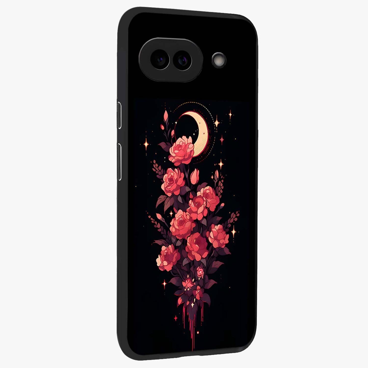 Moonlit Floral Elegance Glass Case upright view showcasing delicate floral artwork with refined night inspired theme.