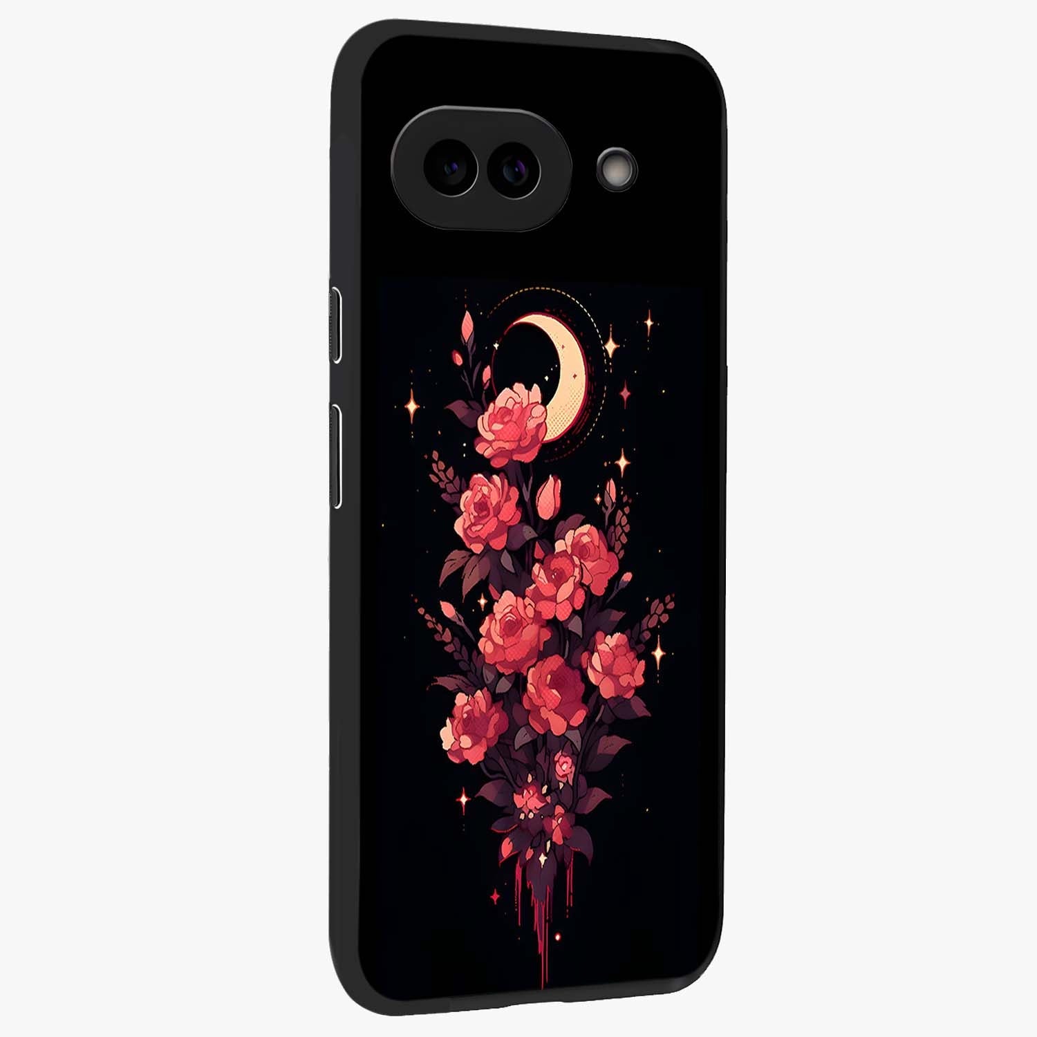 Moonlit Floral Elegance Glass Case upright view showcasing delicate floral artwork with refined night inspired theme.