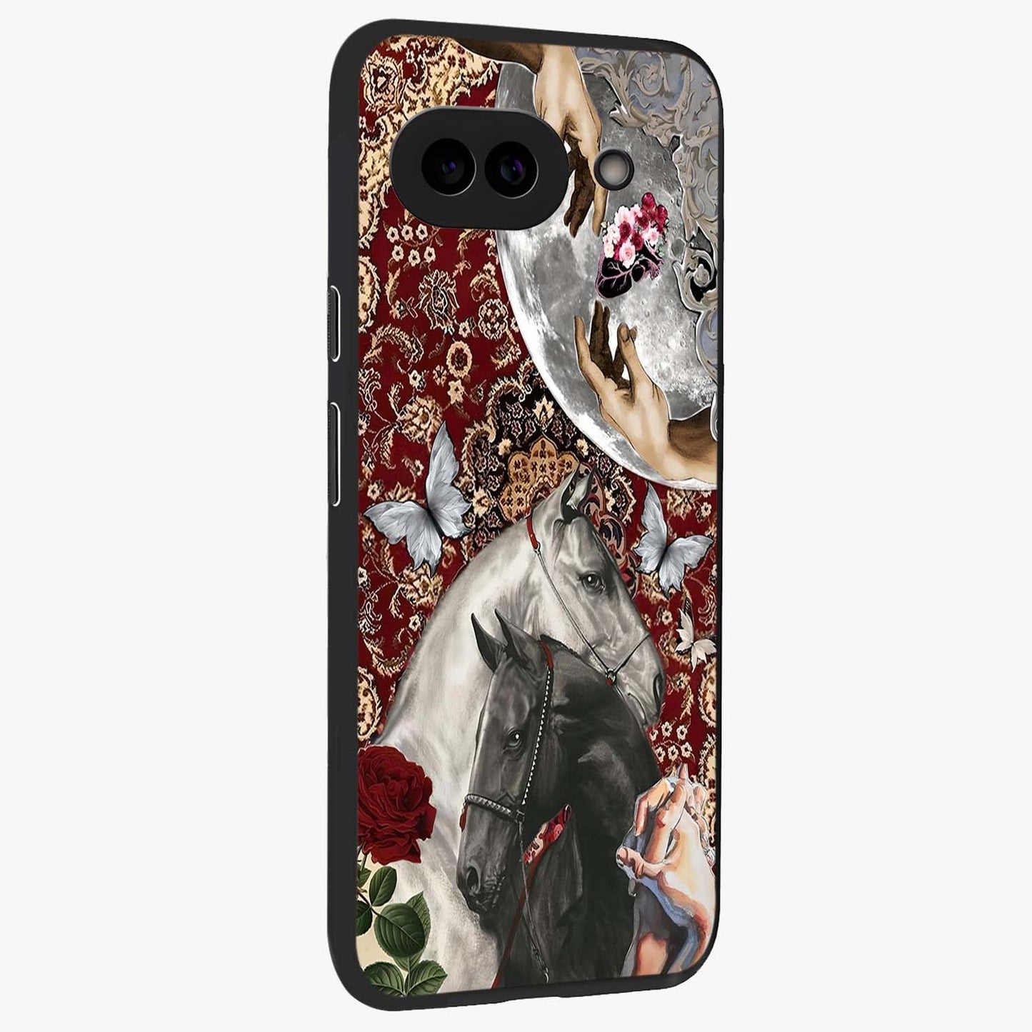 Moonlit Royal Stallion Glass Case upright view showcasing dramatic horse artwork with glowing moon themed design.