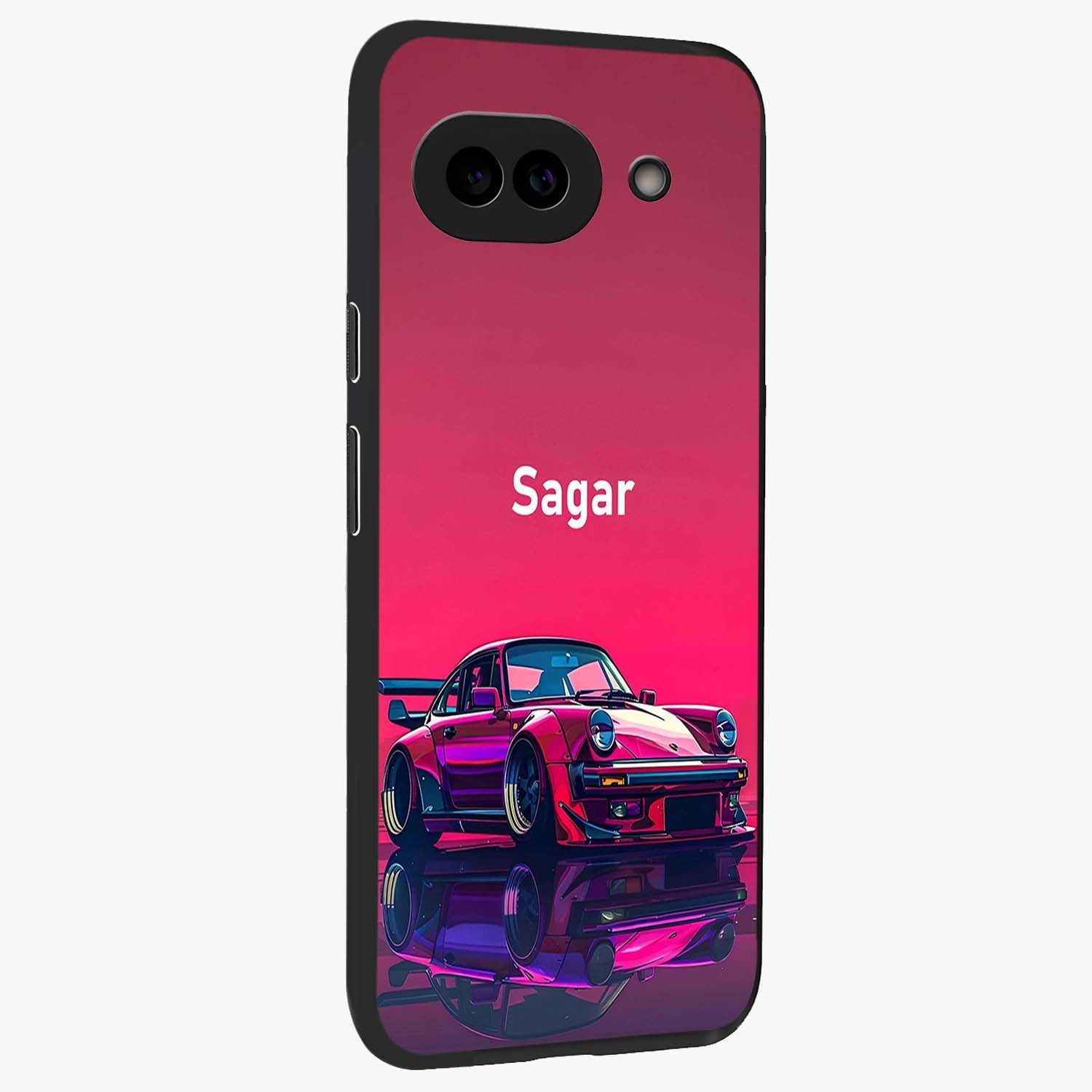 Neon Pink Porsche Glass Case upright view showcasing vibrant sports car artwork with bold automotive theme.