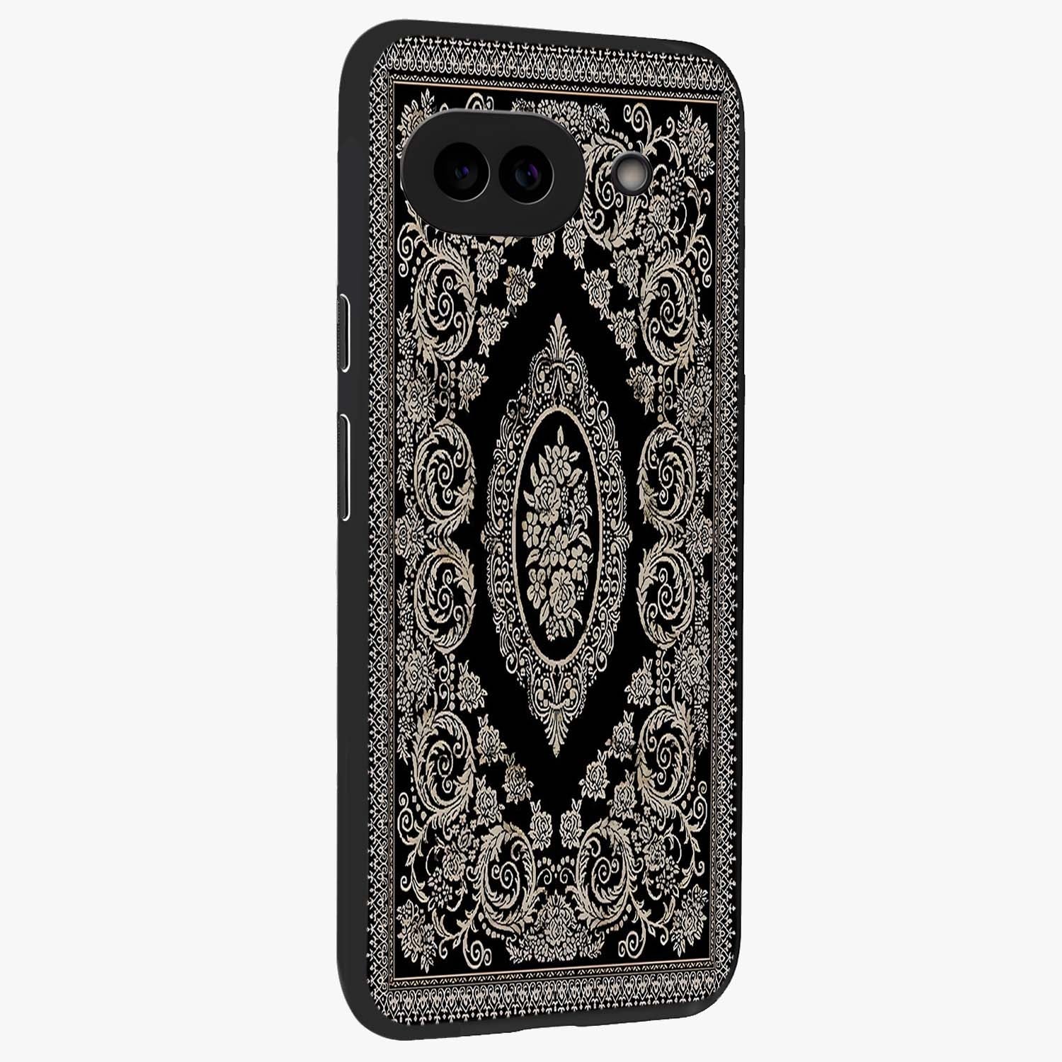 Noir Bloom Elegance Glass Case upright view showcasing graceful floral artwork with luxurious dark theme.