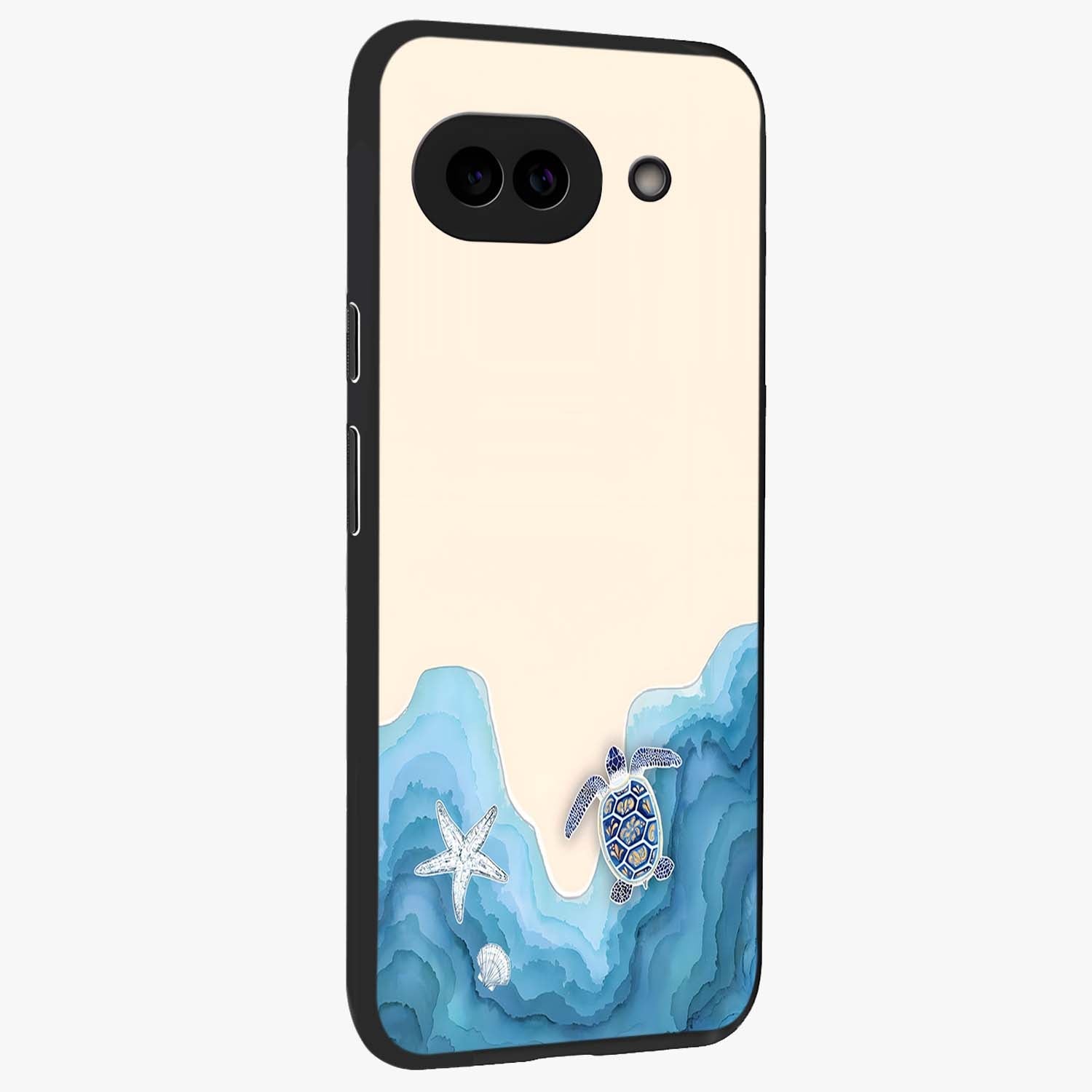 Ocean Drift Turtle Glass Case upright view showcasing calm underwater turtle artwork with nature inspired theme.