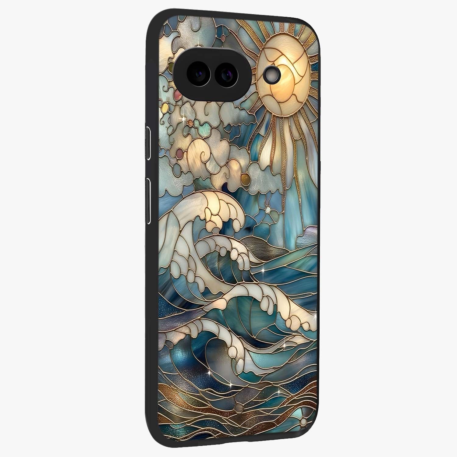 Oceanic Stained Printed Glass Case upright view showcasing decorative ocean pattern artwork with vibrant marine theme.