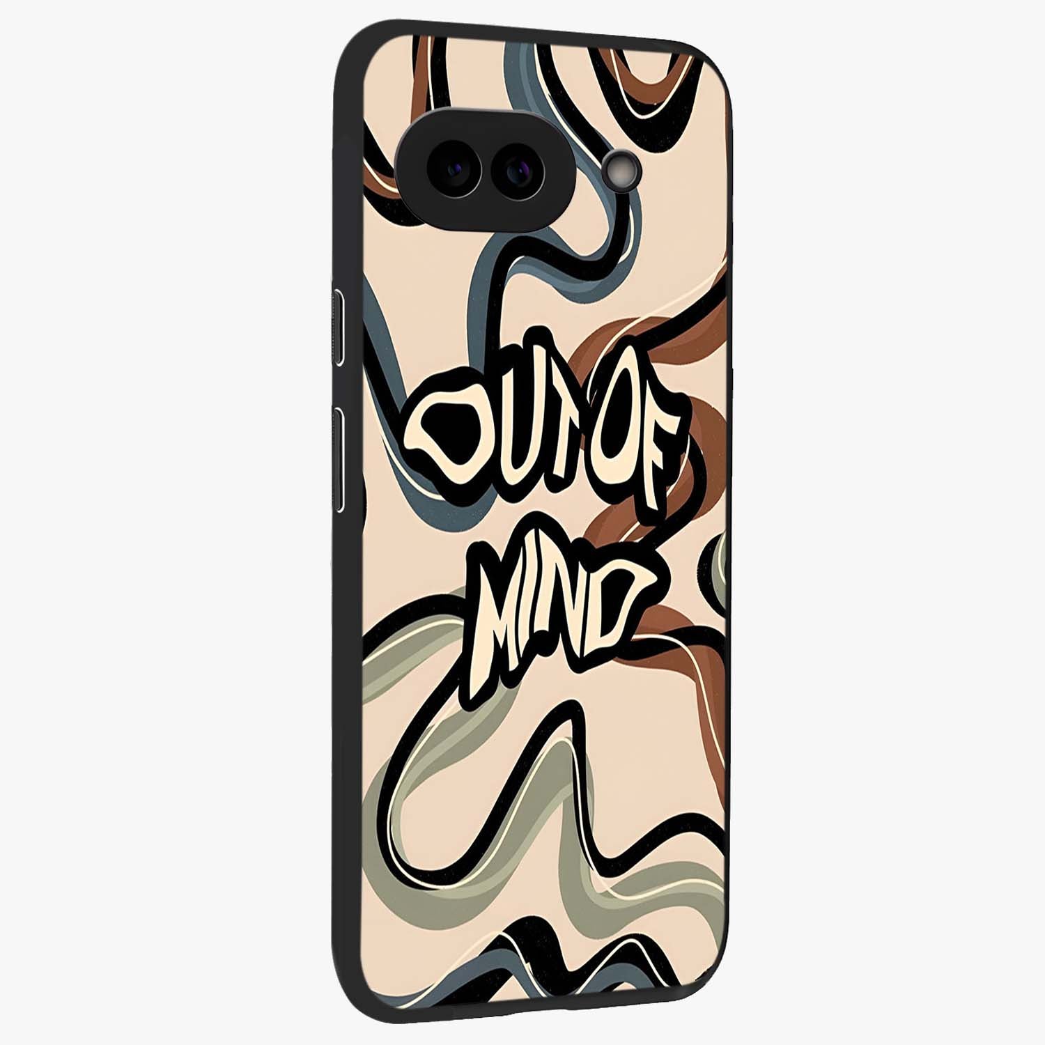 Out Of Mind Glass Case upright view showcasing striking typography artwork with edgy conceptual theme.
