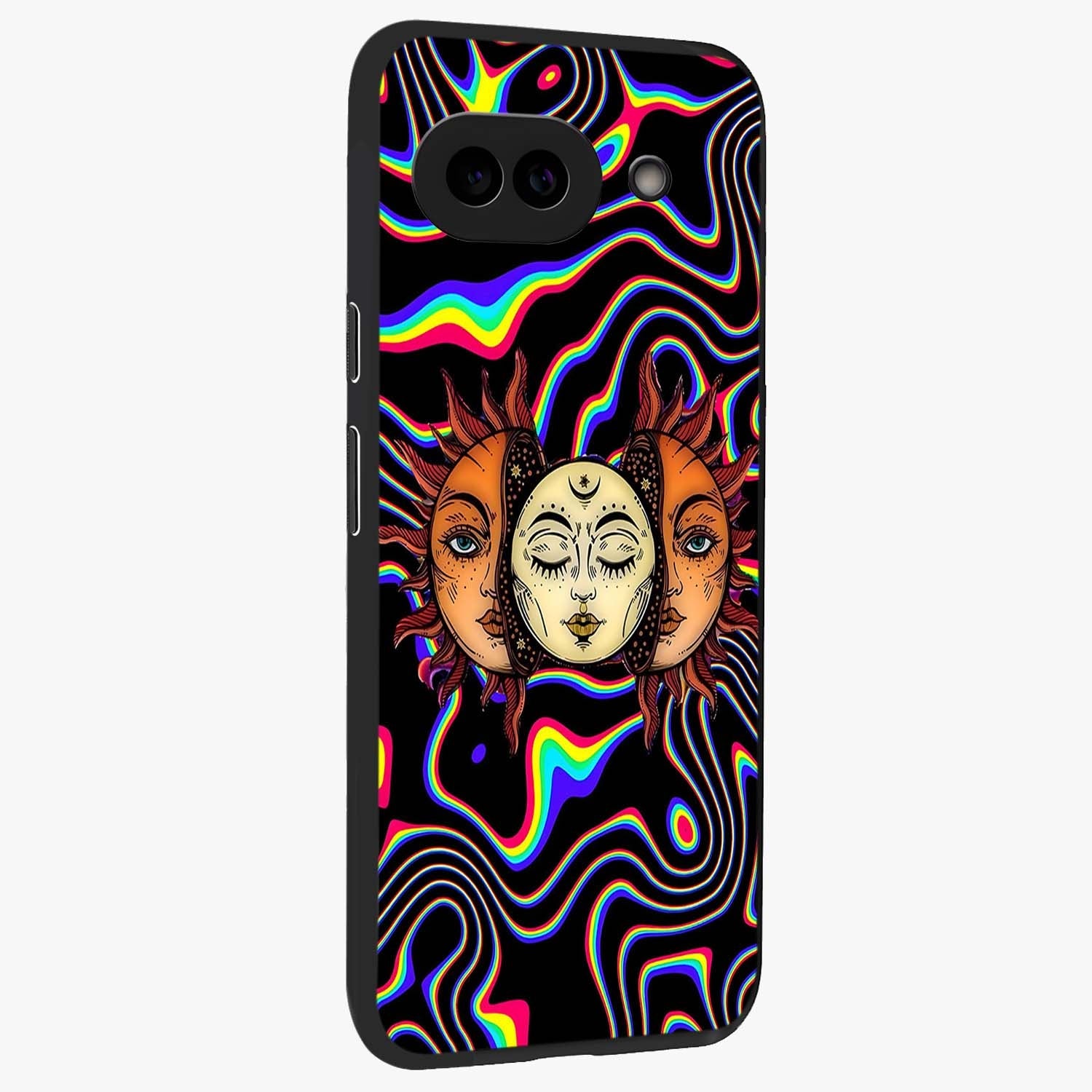 Psychedelic Sun Glass Case upright view showcasing trippy sun artwork with bold psychedelic theme.