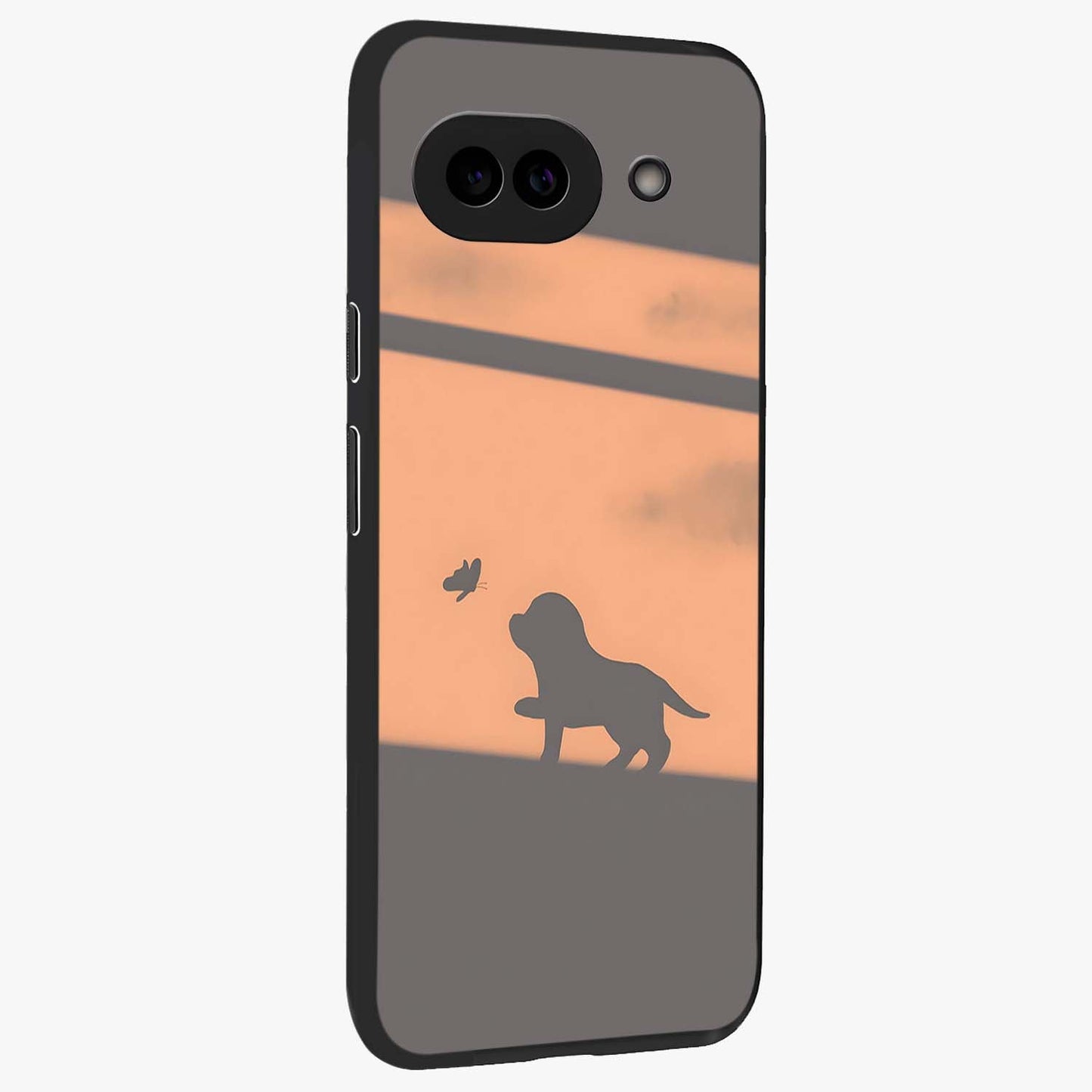 Puppy Shadow Art Glass Case upright view showcasing charming puppy artwork with creative silhouette theme.