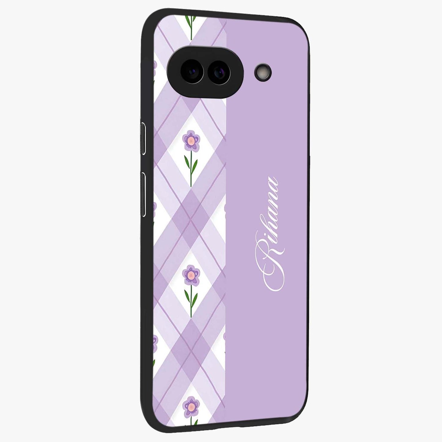 Purple Diamond Floral Glass Case upright view showcasing vibrant floral artwork with stylish geometric theme.