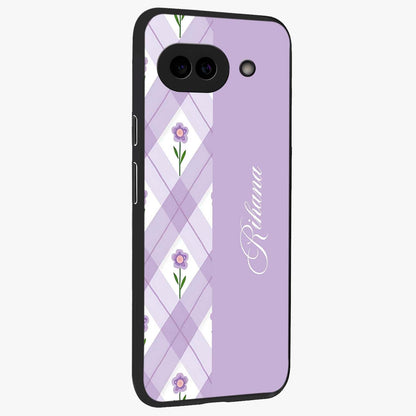 Purple Diamond Floral Glass Case upright view showcasing vibrant floral artwork with stylish geometric theme.