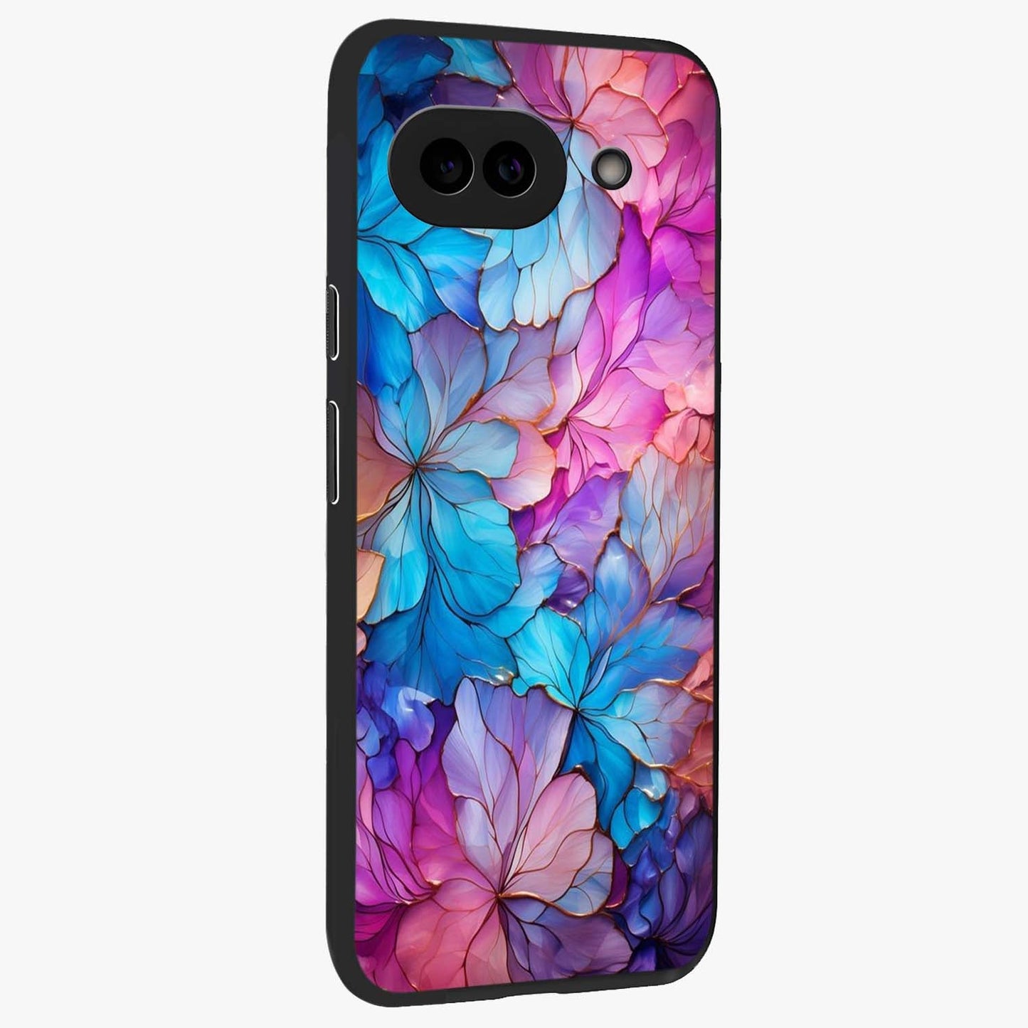 Radiant Floral Whirl Glass Case upright view showcasing lively floral artwork with decorative swirl theme.